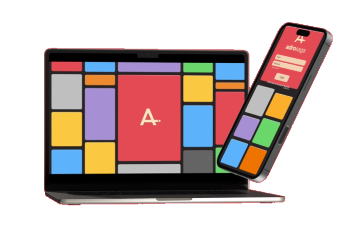 The Adrosaga audit dashboard shown on a laptop and a phone