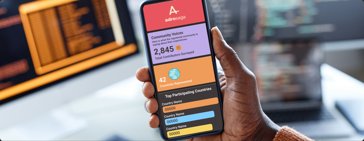 A hand holding a phone showing the Adrosaga app's contributor community stats