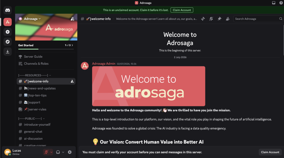 The Adrosaga Discord server, showing the welcome channel and an introduction to the community