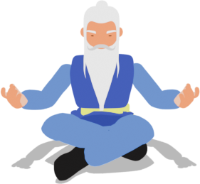 The Adrosaga mascot sitting cross-legged in a calm meditation pose