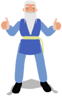 The Adrosaga mascot, a robed elder, giving a double thumbs up