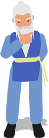 The Adrosaga taskmaster standing with a hand to his chin, considering the options