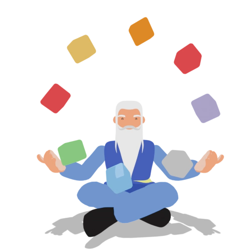 Taskmaster, the Adrosaga guide, sitting cross-legged and juggling coloured blocks